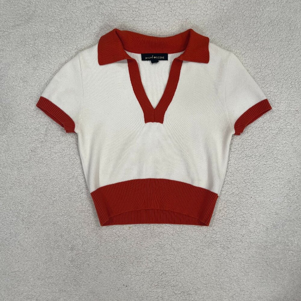 70s Vibes White and Orange Cropped Sweater Top